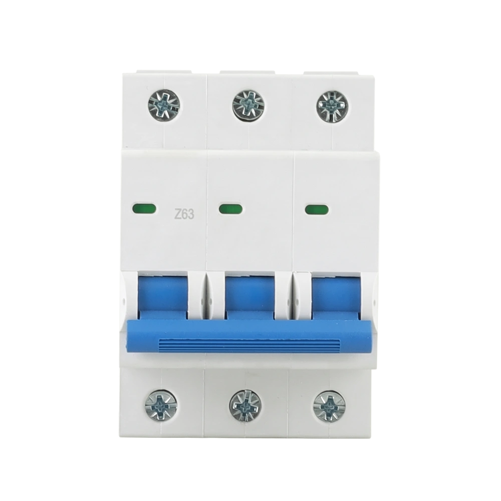 Front view of a white three-pole circuit breaker with a single blue handle linking three switches. It features three sets of screw terminals at the top and bottom, and three small green indicator windows, with the label 'Z63' printed above the leftmost window.