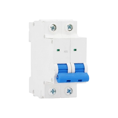 A white two-pole circuit breaker with a central blue switch handle, two green indicator windows, and the marking 'K63' on the front.