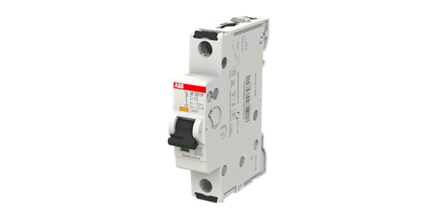 A white ABB M300 P miniature circuit breaker with a black toggle switch, shown from a slight angle on a white background.