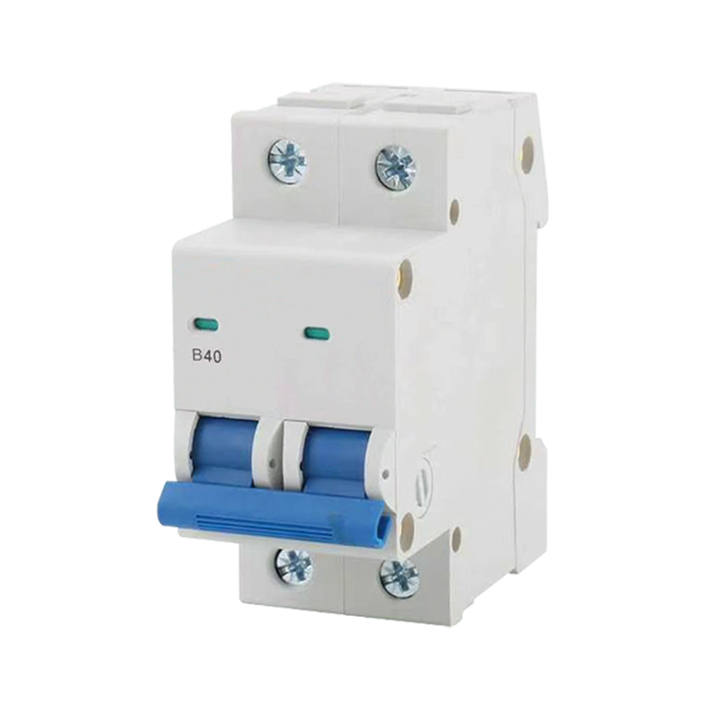 A white B40 2-pole miniature circuit breaker with a blue toggle handle and top/bottom terminal screws, used for electrical overload and short-circuit protection