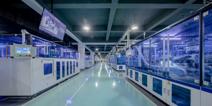 A clean, brightly lit factory corridor with glass-enclosed automated MCB production equipment on both sides, with an overhead monitor and a glossy green floor.