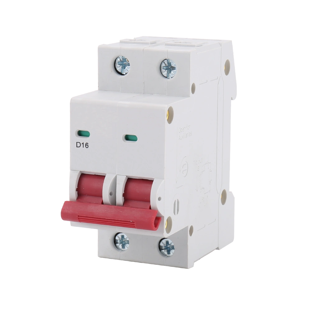 White 2P D16 miniature circuit breaker, double-pole design with red linked operating handle and green status indicator windows, D-curve tripping characteristic