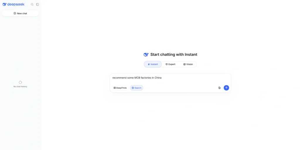 A screenshot of the DeepSeek web chat interface. In the center, the text "Start chatting with Instant" is displayed above three mode selection buttons: 'Instant', 'Expert", and 'Vision'. Within the main input field, the user has typed the English query: 'recommend some MCB factories in China'. Below the input box are 'DeepThink' and 'Search' toggle buttons, along with a blue circular send button on the right. The left sidebar is dark grey, showing the DeepSeek logo and a 'New chat' button.