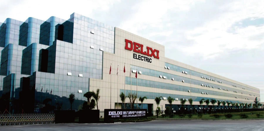 Modern glass and beige-paneled corporate building with a red DELIXI ELECTRIC logo, fronted by flags and landscaped greenery.