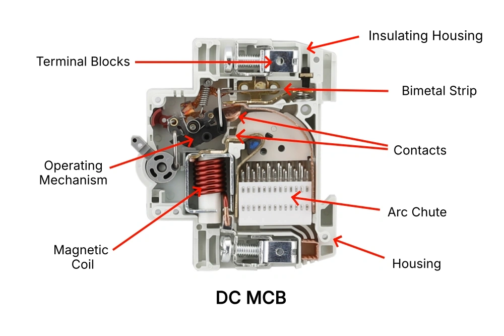 A cross-sectional view showing the internal structure of a DC MCB. Red arrows identify key components, including top and bottom terminal blocks, electrical contacts, a magnetic coil, a bimetal strip, the operating mechanism, a white multi-plate arc chute, the outer housing, and the insulating housing.