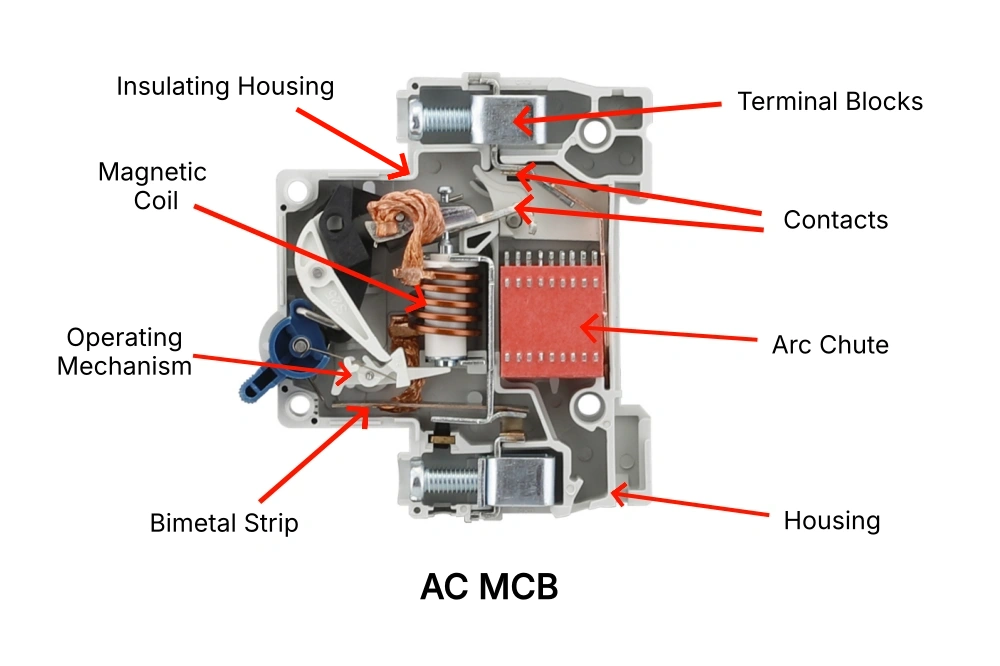 A cross-sectional view showing the internal structure of an AC MCB. Red arrows identify key components, including top and bottom terminal blocks, electrical contacts, a magnetic coil, a bimetal strip, the operating mechanism, a red arc chute, the outer housing, and the insulating housing.