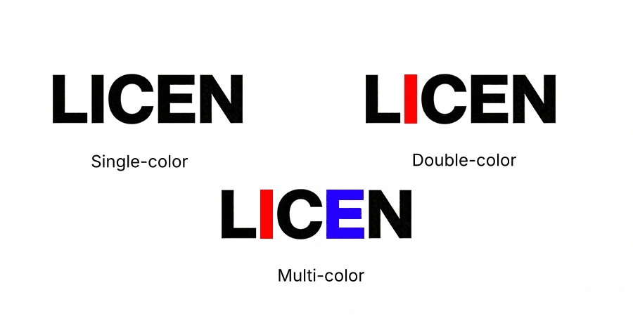 Three versions of the LICEN logo on a white background, labeled Single-color in all black, Double-color with a red letter I, and Multi-color with a red I and a blue E.