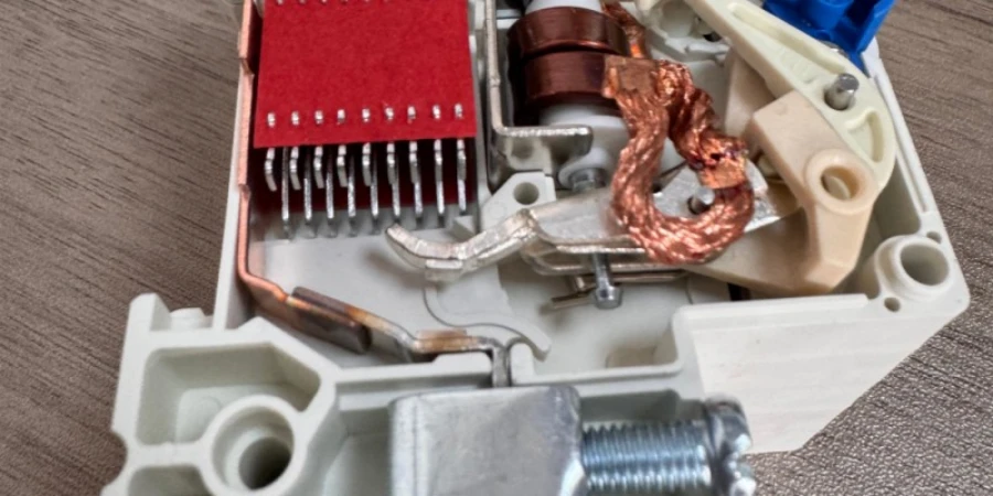 A close-up of a disassembled miniature circuit breaker, focusing on the metal contact mechanism with silver contacts and copper wiring inside the white casing.
