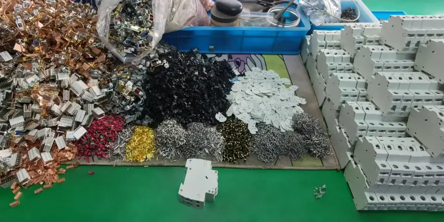 A green workbench covered with piles of loose metal contacts, screws, black plastic parts, and white MCB housings, with a blue bin in the background.