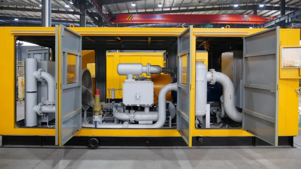 Yellow box-type natural gas reciprocating compressor in factory workshop, with gray doors open showing internal cylinders, separator tanks and gray piping system