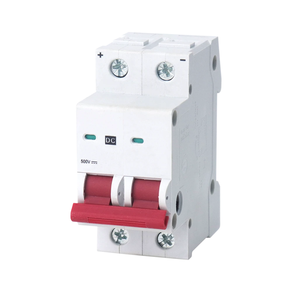 A white-background product close-up showing a gray and white two-pole DC MCB. The top terminals are marked with '+' and '-' polarity symbols, and the front face features the 'DC' logo and '500V' DC rated voltage parameter. A red linked operating handle is located at the bottom, representing a key safety protection and switching control component in DC power distribution systems.
