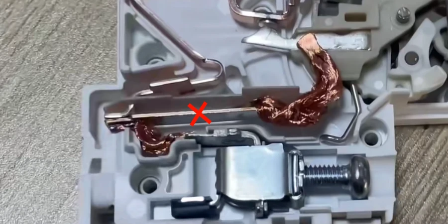 A close-up view of a MCB's internal parts, with a red X marking the bimetallic strip (thermal element).