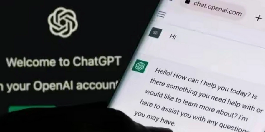 A laptop screen shows the ChatGPT welcome page with the OpenAI logo. A hand holds a phone displaying a chat interface with a greeting message from ChatGPT.
