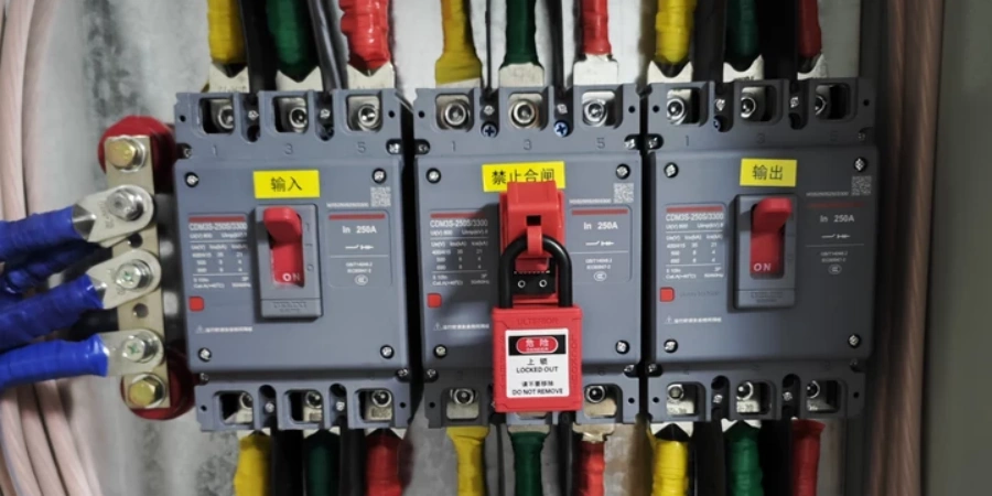 Three grey 250A molded case circuit breakers mounted in a panel, with colored wires connected at top and bottom. The middle breaker has a red LOTO lockout device and a LOCKED OUT DO NOT REMOVE tag attached. Yellow labels above read Input, Do Not Close, and Output.