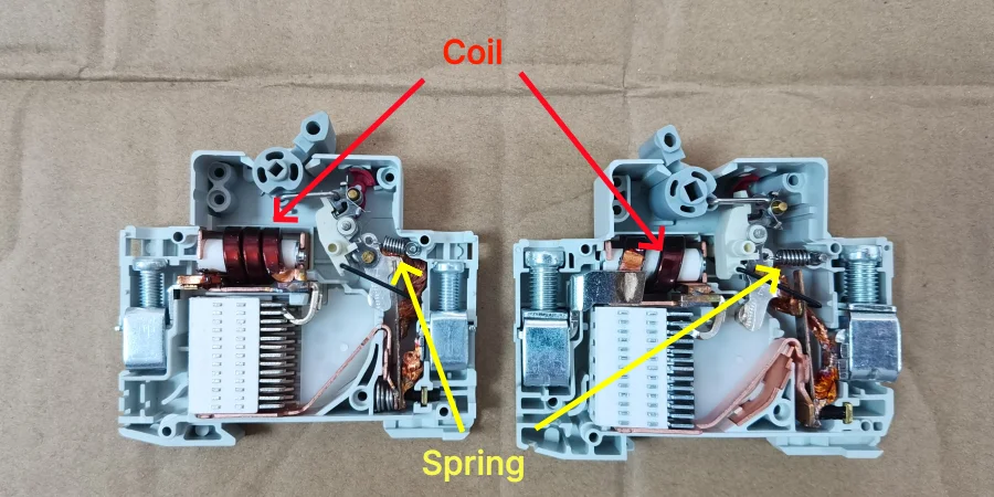 Two open mcbs with red arrows showing coils of different turns and yellow arrows showing springs of different tension.