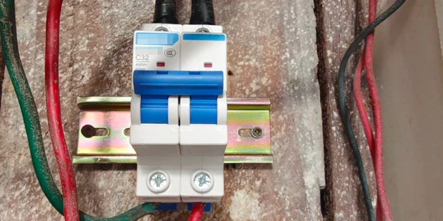 A C32 mcb is mounted on a metal DIN rail against a rough concrete wall, with red and green wires connected.