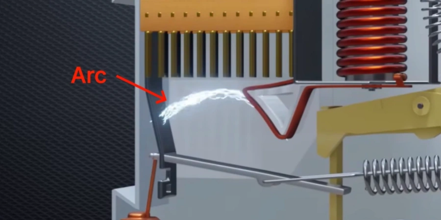 Diagram of a circuit breaker showing an electrical arc labeled Arc being directed into a red curved arc chute.