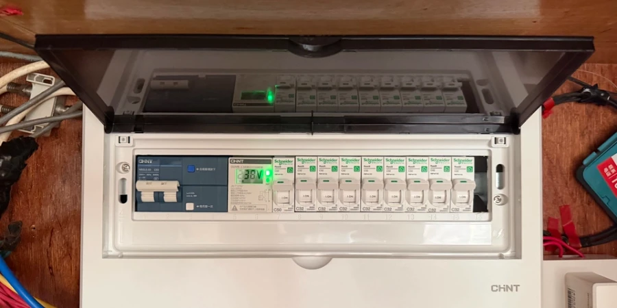 An open white distribution box on a wooden surface. Inside are a main breaker, a digital meter showing 238V, and a row of miniature circuit breakers.